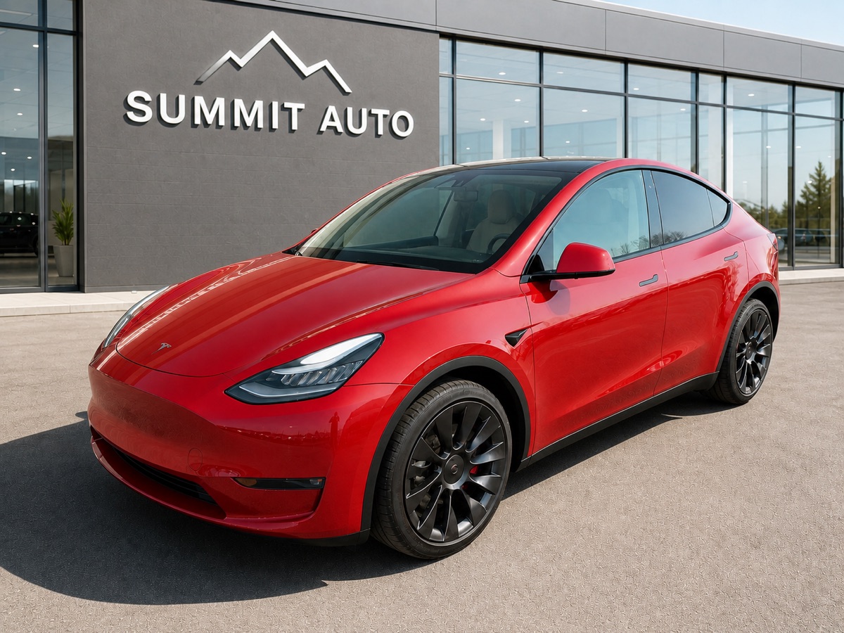 Red electric crossover in a daytime fictional Summit Auto branded dealership scene